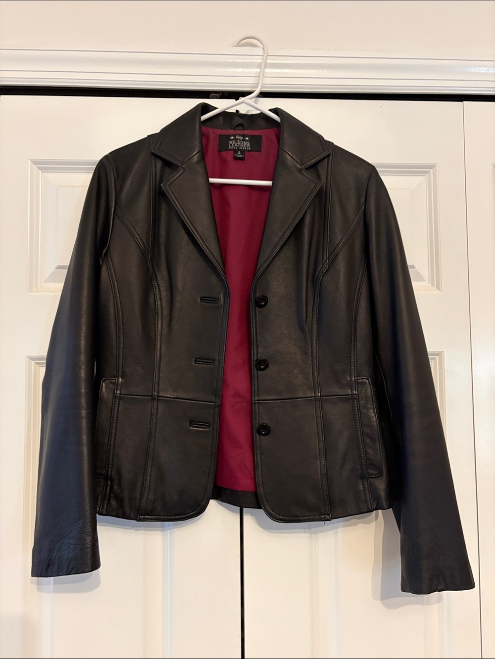 Black Genuine Leather Blazer Jacket with Burgundy Lining